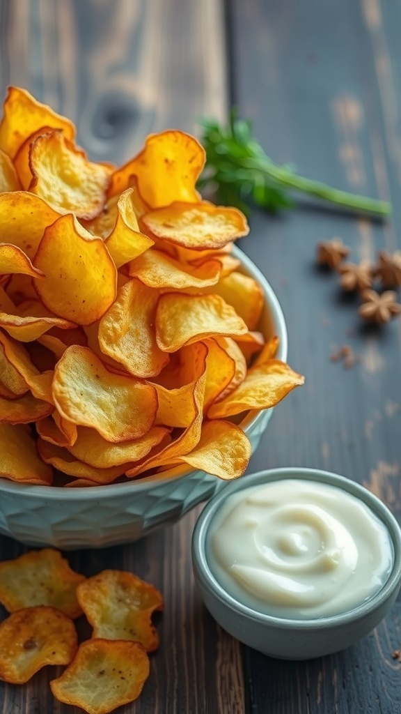 A bowl of golden crispy potato chips with a dip on a rustic table.